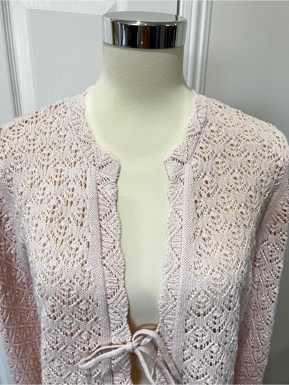 Crochet Bell Sleeve Sweater Front Tie Closure Light Pink Size Large Cotton Knit - Picture 7 of 12
